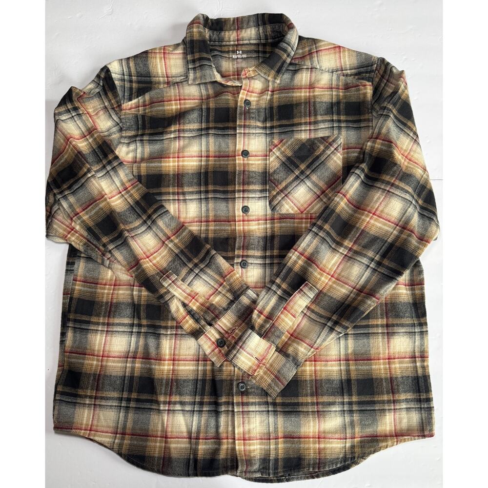 Under Armour Men’s XL Plaid Flannel Button Front Shirt Brown Tan Red Cotton